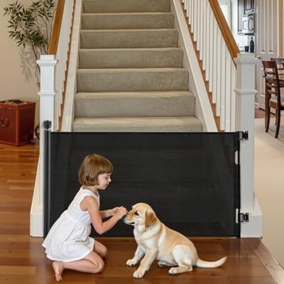 VEVOR Intrekbaar babyhek, uitschuifbaar tot 1850 mm breed, 980 mm hoog, met veiligheidsslot, eenvoudig te gebruiken, doorlopen zonder struikelen, gaasdoek voor trappen, gangen, binnen/buiten, zwart VEVOR Intrekbaar babyhek, uitschuifbaar tot 1850 mm breed, 980 mm hoog, met veiligheidsslot, eenvoudig te gebruiken, doorlopen zonder struikelen, gaasdoek voor trappen, gangen, binnen/buiten, zwart