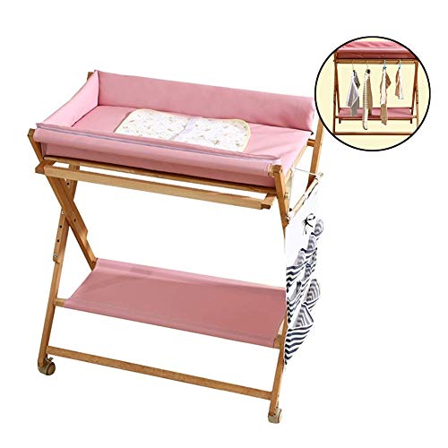 Changing Tables Houten baby meisjes veranderen tafel op wielen, vouwluier station met waterdichte mat, baby bad en dressoir W/Cross been stijl, roze