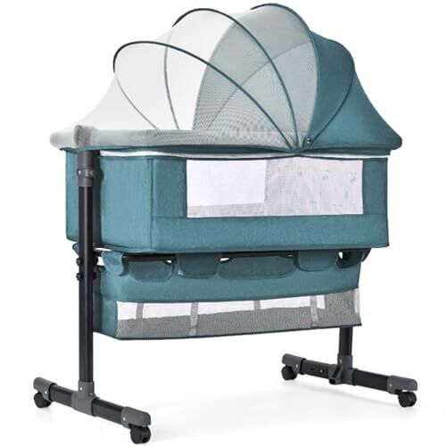 Gvqng 3 in 1 Children's Bed, Baby Bed Bassinet, Children's Travel Bed Bassinet, Baby Bassinet Side Bed, Foldable Baby Bed, Mobile Cot Side Bed with Mosquito Net and Wheels,Groen