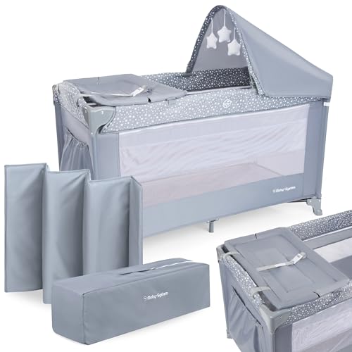 Moby-System 2-in-1 box en opvouwbaar paraplubed, 2 niveaus van hoge matras, 0-6 maanden (15 kg), onderkant 6-36 maanden (25 kg), reisbed, transporttas, spel voor baby's, CE-conform, grijs