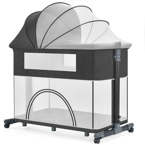 Gvqng 2023 New Bassinet Bedside Sleeper, 3 in 1 Bassinet, Baby Bassinet with Comfy Mattress, with Separate Playpen, Portable Bedside Bassinet for Baby Girl Boy with Wheels,Dark grey