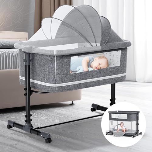 Gvqng 2023 New Bassinet Bedside Sleeper, 3 in 1 Bassinet, Baby Bassinet with Comfy Mattress, with Separate Playpen, Portable Bedside Bassinet for Baby Girl Boy with Wheels,Light grey