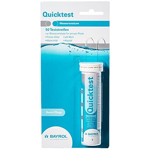 Bayrol Quicktest – 50 zwembadteststrips voor wateranalyse – pH-waarde – vrij chloor – alkaliniteit en algicide in het zwembad – teststrips die bij contact met water reageren