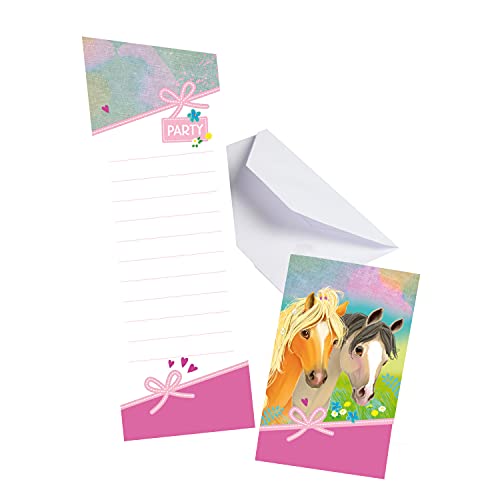 amscan 9911593 Uitnodigingskaarten Pretty Pony, 8 stuks, afmetingen 14,2 x 8 cm, kaarten met witte enveloppen, uitnodigingen, kinderverjaardag, themafeest