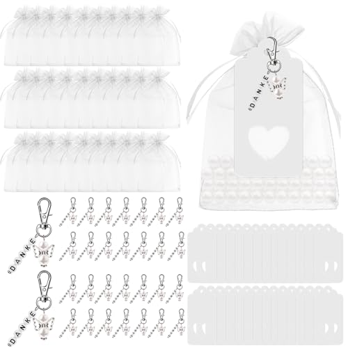 TOATELU 30 stuks beschermengel hangers: bedankje sleutelhanger beschermengel met organza zakje bedankkaart witte band, beschermengel hanger voor bruiloft doop verjaardag, bedankje geschenken