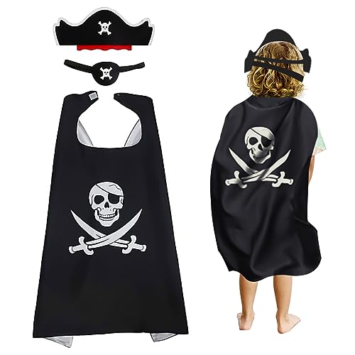 MIVAIUN 3 stuks piratenkostuum voor kinderen, piratenkostuum, piratenkostuum, piratenkostuum, kapitein, kostuumaccessoires, piratencape voor kinderen, piratenhoed, oogklep voor Halloween, cosplay,