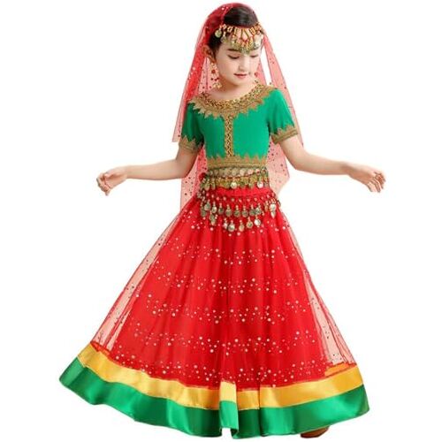 OTMYIGO Meisje Buikdans Pailletten Indiase Dansjurk Halloween Wear party Bollywood Costume party Bollywood Costume,Rood,S