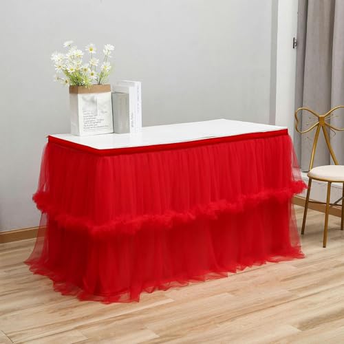 TONZN 6-14FT*77CM 2-laags mesh pluizige tutu tule tafelrok chiffon tafelrok bruiloft voor baby shower feest ruche geplooide tafelrok (rood 9FT 2,75 m)