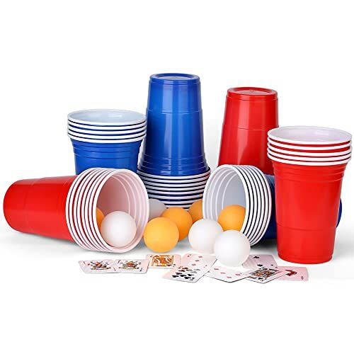 AEIWUMOK Beer Pong bekers (50 Beerpong bekers 10 ballen) Bierpong bekerset, 480 ml beerpongbekers met ballen, partybekers 25 rood en 25 blauw 16,23 oZ, herbruikbare beker voor feestjes,