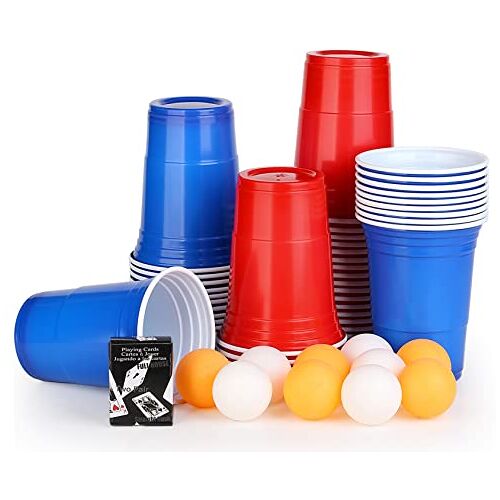 JOYZYAIYY Beerpong bekerset, bierpong bekers met 50 bekers + 10 ballen, 473 ml beerpongbeker met ballen, 25 rood + 25 blauw (46 oz) bekers, herbruikbare bekers voor feestjes, drinkspelletjes groot