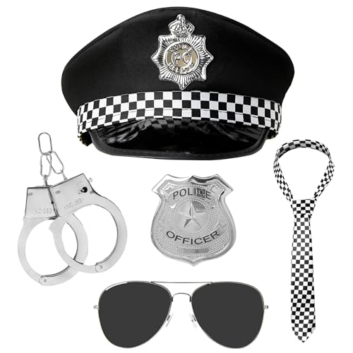 REDSTAR FANCY DRESS Politiekostuum voor volwassenen, 5 stuks, politie-accessoires voor politie-verkleedpartij, politiekit met politiehoed en handboeien, politiebadge, politie-stropdas en bril, Halloween-politie-outfit