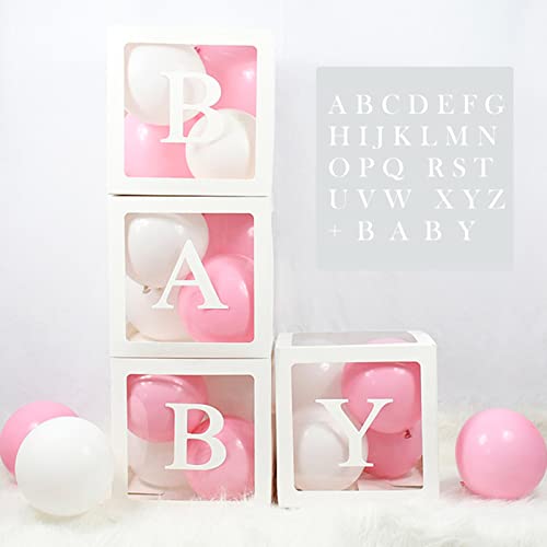 naosummy 4 stuks babyboxjes, feestdecoratie voor babyshower, transparante luchtballondozen, babyshowerboxen met babyletters en 26letters voor geslacht, feestjongens meisjes, wit