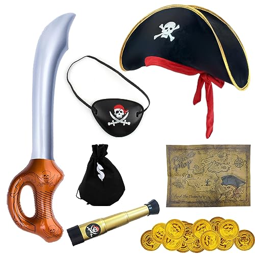 Ruikdly Piratenkostuum voor kinderen, piratenkostuum, accessoires, bestaande uit sabel, ooglapje, piraat, piratenhoed, muntzak, verrekijker, 20 gouden munten, piratenkostuum voor carnaval, piratenfeest,