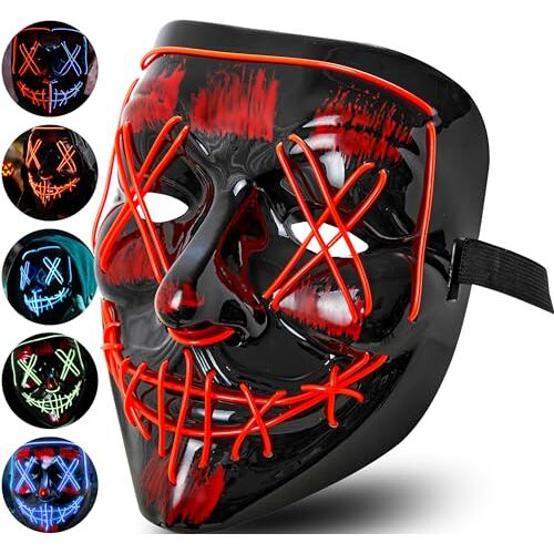 Moonlight Fright Volwassen LED-masker Halloween kostuum LED Halloween masker oplichten enge Halloween-kostuums voor mannen en vrouwen 3 lichtmodi Purge Halloween LED-masker anoniem kinderen Halloween masker (rood)