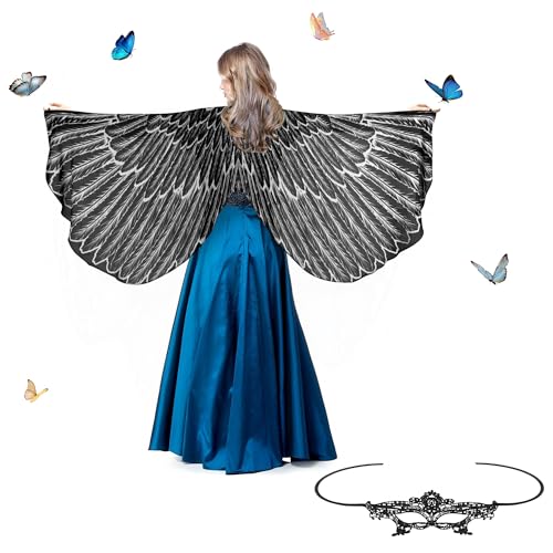 Kaket Bird Wings sjaal voor vrouwen, vrouwen vogel vleugels cape met masker, vlindervleugels volwassenen voor Halloween kerstfeest cosplay dansen (zwart)