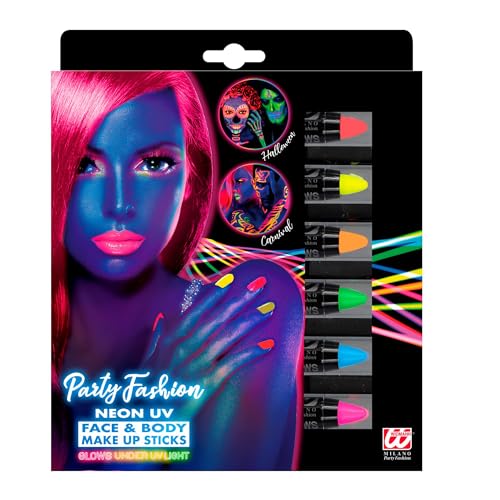 Widmann 09602 Neon make-up stiften, set van 6, fluorescerende kleur, neon party, face- en bodypainting-kleuren