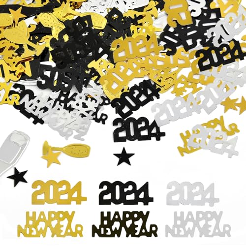 Ellxen 2024 confetti goud zwart, confettis voor deco oudejaarsavond, tafelconfetti, Happy New Year decoratie, glitter, oudejaarsavond decoratie, nieuwjaarsdecoratie, slingers voor carnaval feest