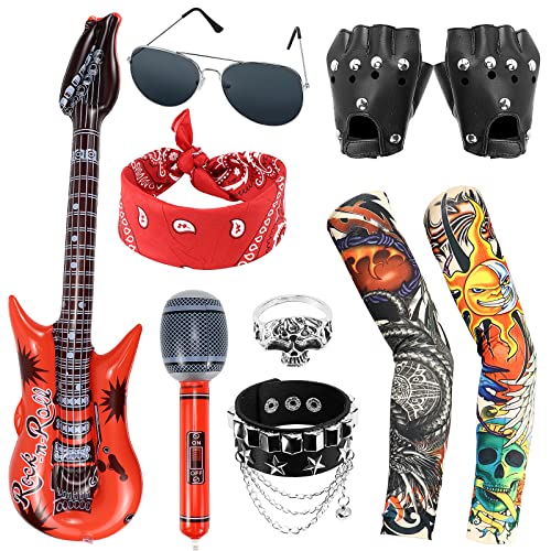 Dreamtop 10 stuks punkerkostuum accessoires punk gothic rocker-kit heren rock star punker kit 70s 80s 90s zware metalen disco rocker bekleding accessoires opblaasbare microfoongitaar rocker kit heren dames, zwart, Eén maat