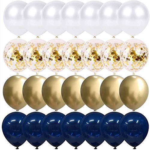 Sinwind Ballonnen in blauw, goud, 50 stuks set marineblauwe ballonnen, metallic ballonnen goud, ballonnen wit en ballonnen confetti goud, latexballonnen voor navy partydecoratie, babyshower jongen