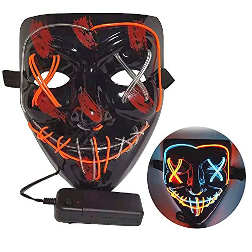 NIWWIN Halloween LED-masker, horrormasker, Halloween-decoratie, kleurenmasker die kan worden verlicht, speciaal kostuummasker, volwassen masker, carnaval-sfeer (Oranje&Blauw)