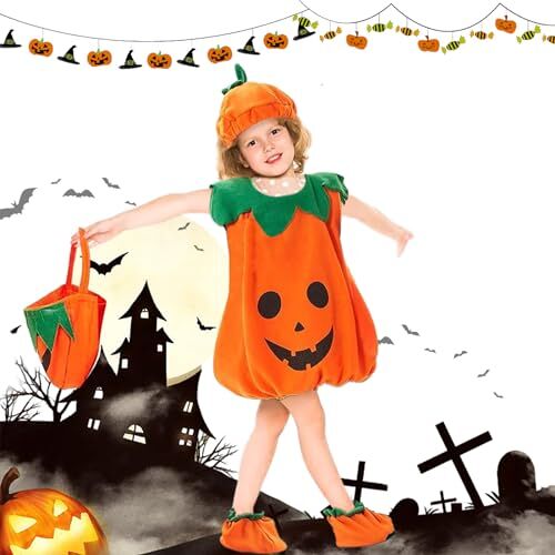 JIASHA Halloween pompoenkostuum, kinderpompoenkostuum, pompoenkostuum, Halloween met pompoenmand, pompoenkostuum kinderen jongens meisjes set, pompoenkostuums voor Halloween, party, cosplay (120)