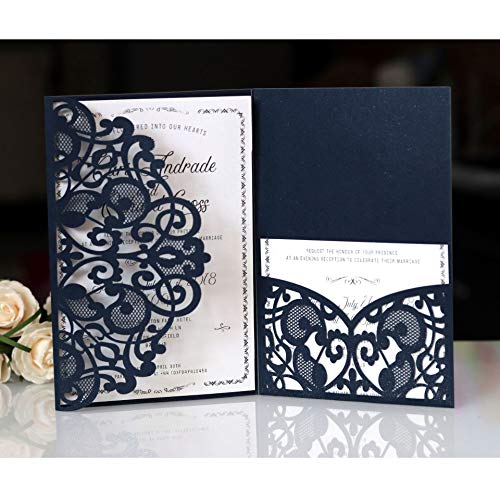 BLUGUL 10 stuks uitnodigingskaarten voor bruiloft, Hollow Floral Design, met 2 lege kaarten, marineblauw