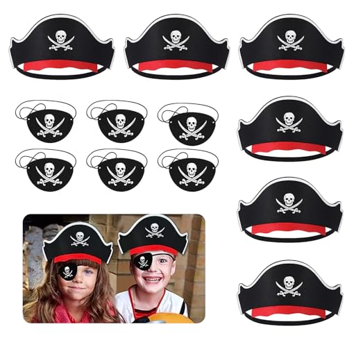 MisFun 12-delige piratenaccessoireset, 6 piratenhoeden en 6 piratenoogafdekkingen, piratenkostuum voor kinderen, piraten, verjaardag, feest, accessoires voor piraten, kostuum, party, carnaval,