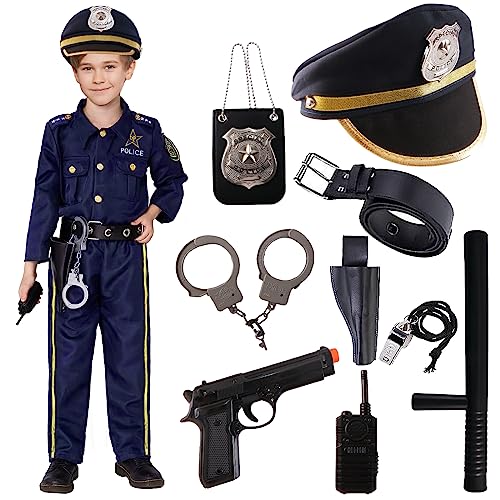 Kitimi Politiekostuum voor kinderen, jongens, politiekostuum voor kinderen, carnaval, politie, kinderen, cosplay, 11 stuks, politie-accessoires, handboeien, politiepet, speelgoedpistool, walkietalkie