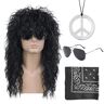 JTMKYO 4-delige discooutfit, zonnebril, peace-halsketting, pochet, pruik met 70 en 80 rok, retro outfit, hippie-outfit, punk-outfit (zwart)