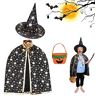 AHYDFSR Halloween cape, tovenaarskostuum voor kinderen, met hoed, pompoen, snoepzak, wizard cape, heksencape, heksencape, heksencape, set met heksencape, sterrenpatroon, geschikt voor kinderen, jongens,
