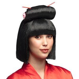 Boland Aziatische pruik met eetstokjes voor themafeesten, Halloween of carnaval, pruik van synthetisch haar Boland Aziatische pruik met eetstokjes voor themafeesten, Halloween of carnaval, pruik van synthetisch haar