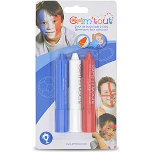 GRIM'TOUT Kindermake-upset Blauw, Wit, Rood 3 speciale sportgrimmsticks Kleurpotloden, make-up op waterbasis Gemakkelijk aan te brengen en schoon te maken Make-up op de huid CE-normen GRIM'TOUT Kindermake-upset Blauw, Wit, Rood 3 speciale sportgrimmsticks Kleurpotloden, make-up op waterbasis Gemakkelijk aan te brengen en schoon te maken Make-up op de huid CE-normen