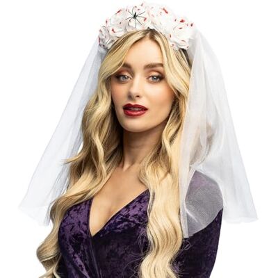 Boland Diadeem Bleeding Blossom Tiara met bebloede sluier en bloemen voor kostuum, Halloween, carnaval en themafeest Boland Diadeem Bleeding Blossom Tiara met bebloede sluier en bloemen voor kostuum, Halloween, carnaval en themafeest
