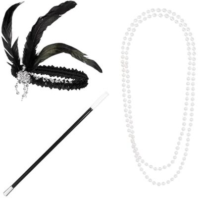 Boland Jaren 20 Set voor Flapperkostuums Haarband, sigarettenhouder en ketting voor Charlestonkostuum, carnaval en themafeest Boland Jaren 20 Set voor Flapperkostuums Haarband, sigarettenhouder en ketting voor Charlestonkostuum, carnaval en themafeest