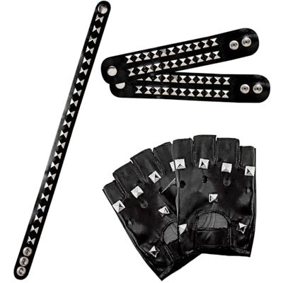 Widmann 7126K Bikerset, handschoenen, armbanden, halsband, met klinknagels, zwart, rocker-outfit, accessoire, kostuumfeest, carnaval Widmann 7126K Bikerset, handschoenen, armbanden, halsband, met klinknagels, zwart, rocker-outfit, accessoire, kostuumfeest, carnaval