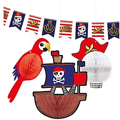 amscan 9909918-4-delige decoratieset piraat, 1 vlaggenbanner en 3 honingraatdecoraties, hangende decoratie van papier, slinger, kinderverjaardag, themafeest amscan 9909918-4-delige decoratieset piraat, 1 vlaggenbanner en 3 honingraatdecoraties, hangende decoratie van papier, slinger, kinderverjaardag, themafeest