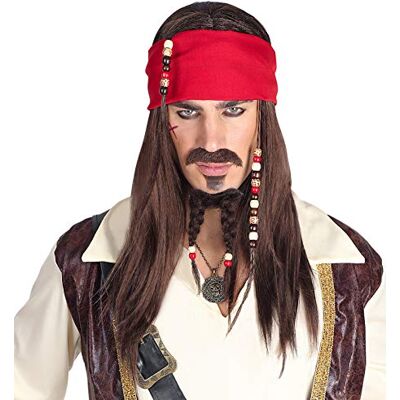 Widmann 06393 pruik piraat van het Caribisch gebied, bruin, met bandana, snor en kinbaard, carnaval, themafeest Widmann 06393 pruik piraat van het Caribisch gebied, bruin, met bandana, snor en kinbaard, carnaval, themafeest
