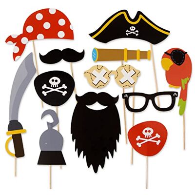 Mopec Set van 12 decoratieve maskers en accessoires voor piraten (barba, schaaf, zwaard enz.; gebruik bij fotocabines en kinderverjaardagsfeestjes) Mopec Set van 12 decoratieve maskers en accessoires voor piraten (barba, schaaf, zwaard enz.; gebruik bij fotocabines en kinderverjaardagsfeestjes)