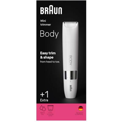 Braun BS1000 Mini-lichaamstrimmer, voor eenvoudig scheren en trimmen van lichaamshaar, + 1 accessoire, wit Braun BS1000 Mini-lichaamstrimmer, voor eenvoudig scheren en trimmen van lichaamshaar, + 1 accessoire, wit