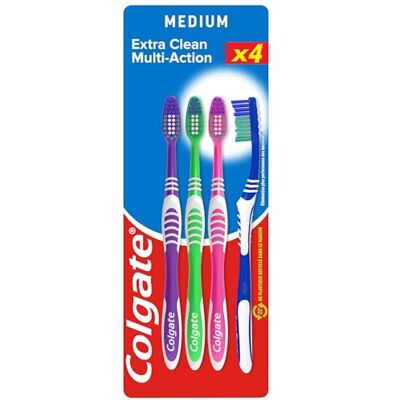 Colgate Multi Action Medium x4 Pakket van 4 Ronde vlekbestendige borstelharen en tong- en wangreiniger, voor het reinigen en verwijderen van tandplak Colgate Multi Action Medium x4 Pakket van 4 Ronde vlekbestendige borstelharen en tong- en wangreiniger, voor het reinigen en verwijderen van tandplak