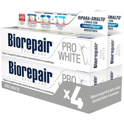 Biorepair , Pro White Tandpasta, 4 verpakkingen à 60 ml, whitening tandpasta met PVP-polymeertechnologie, repareert nagellak en tandsteen voor witte en stralende tanden, zonder fluoride Biorepair , Pro White Tandpasta, 4 verpakkingen à 60 ml, whitening tandpasta met PVP-polymeertechnologie, repareert nagellak en tandsteen voor witte en stralende tanden, zonder fluoride