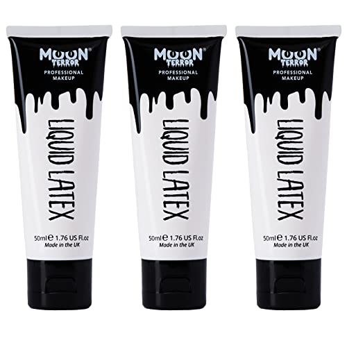 Moon Terror Pro FX Vloeibare latex, SFX-make-up voor Halloween, werkt met nepbloed en gezichtskleur, make-up met speciaal effect, wit, 3 x 50 ml