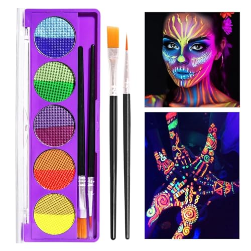 AGRIBO 8 kleuren UV zwart licht glanzende gezichtskleur gezicht gezicht gezicht schilderij UV glans make-up op waterbasis met 2 penselen type voor Halloween festival make-up