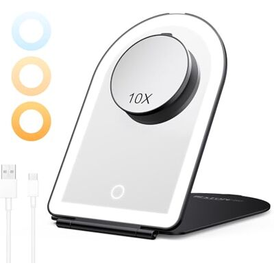 BESTOPE PRO Cosmeticaspiegel met Verlichting, LED Draagbare Make-upspiegel 10x Vergroting, 3 Dimbare Kleurenlichten, Oplaadbare Ultradunne Tafelspiegel voor Thuis en Scheren, Zwart BESTOPE PRO Cosmeticaspiegel met Verlichting, LED Draagbare Make-upspiegel 10x Vergroting, 3 Dimbare Kleurenlichten, Oplaadbare Ultradunne Tafelspiegel voor Thuis en Scheren, Zwart