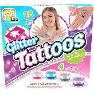 Goliath FABLAB Glitter Tattoos Creatieve Tattoo-set voor Kinderen vanaf 8 jaar, 28 Unieke Sjablonen en 4 Kleuren Organische Glitters, Cadeau-Idee Goliath FABLAB Glitter Tattoos Creatieve Tattoo-set voor Kinderen vanaf 8 jaar, 28 Unieke Sjablonen en 4 Kleuren Organische Glitters, Cadeau-Idee