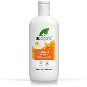 DR ORGANIC Manuka Honey Body Wash, douchegel, droge huid, natuurlijk, vegetarisch, dierproefvrij, parabenen- en SLS-vrij, gecertificeerd biologisch, 250 ml, verpakking kan variëren