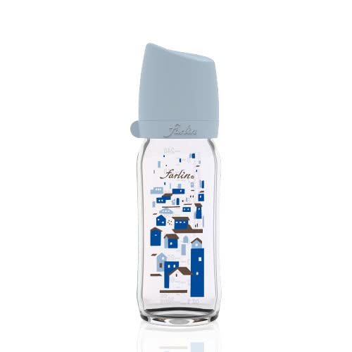 Farlin Anti-koliek glazen babyfles, 237 ml, met siliconen fopspeen voor baby's vanaf 1 maand, hittebestendig, BPA-vrij en vaatwasmachinebestendig, rolveilig ovaal ontwerp (8 oz, 240 ml/cc, Maghreb)