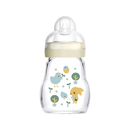 MAM Feel Good glazen babyflesje (170 ml), babyfles met brede opening, stabiele zuigfles met speentje in maat 1, vanaf 0 maanden, tuin, beige,170ml