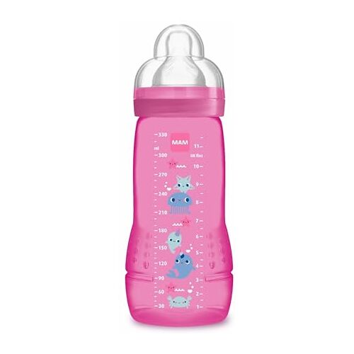 MAM Babyfles, vanaf 4 maanden, 330 ml, met 3 siliconen zuignappen, snel op te nemen, gemakkelijk vast te houden, gemakkelijk schoon te maken, gemakkelijk schoon te maken, lichtroze