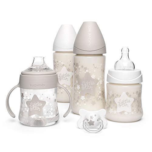 Suavinex Set voor pasgeborenen, 2 x babyfles 270 ml + babyfles 150 ml + babyfles 150 ml met handgrepen + fysiologische babyfopspeen -2-4 maanden met siliconen zuiger, kleur wit